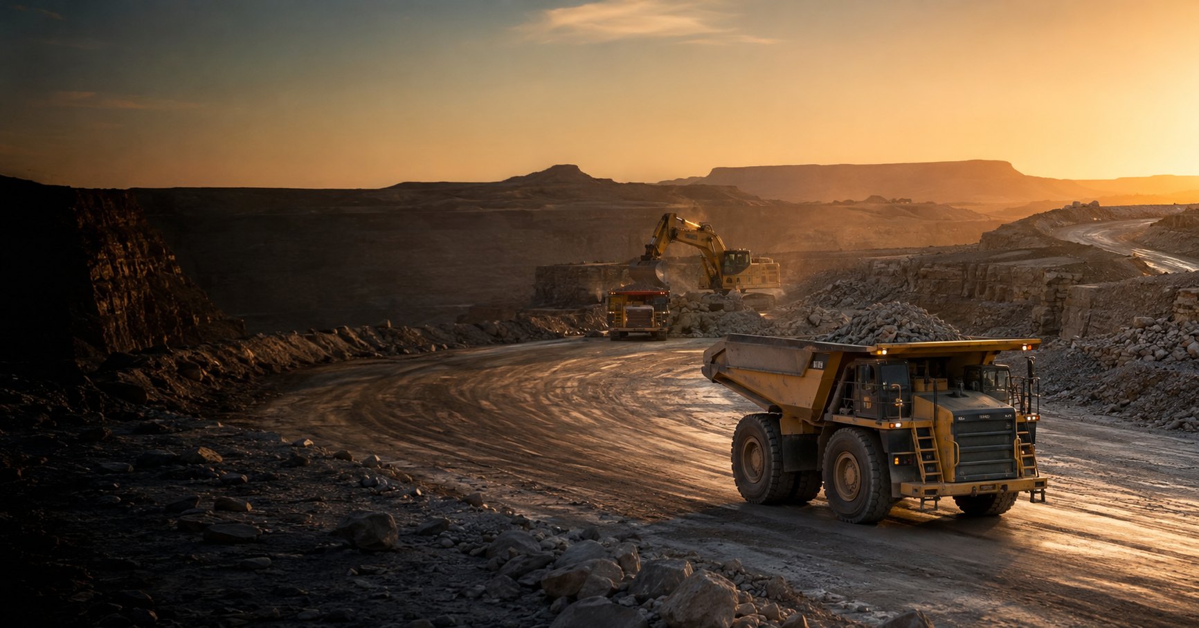 Haul trucks and an excavator loading rock in an open-pit mine at sunrise